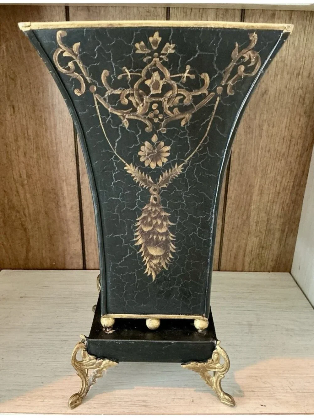 Hollywood Regency tole Planter Vase Black Crackle Gold Florentine Footed 13